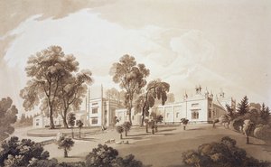 Kilátás a parasztházra, paravánnal az istállókra és a tanyaépületekre a Sezincote házra, Frederick Christian Lewis Snr. metszet. (1779-1856), 1817-1818 körül (szépia akvatinta)