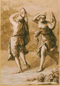 Two Maenads, A Study (barna mosás fehér kiemeléssel és barna tintával a papíron) alkotó: John Michael Rysbrack