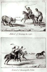 A Lasszó és a Bolák dobásának módszerei, John Miers „Utazások Chilében és La Platában” című művéből, 1826 (litho) (bw fotó) alkotó: John Miers
