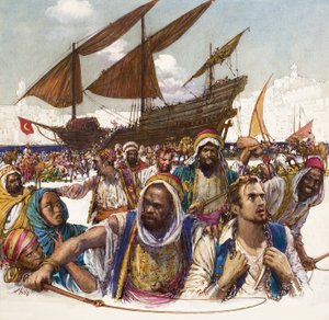 Láncra vert arab foglyokat vezetnek ki a dokkokból, a háttérben dhow-val