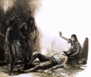Pocahontas közbelép, hogy megmentse Smith kapitány életét (gouache, papír)
