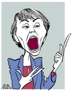 Camille Paglia - karikatúra nyitott szájjal alkotó: John Minnion