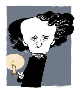 Edgar Allan Poe - karikatúra, kezében gyertyatartóval alkotó: John Minnion
