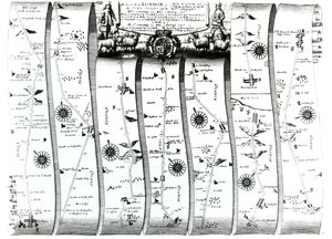 Az út Londonból Wellsbe és Bury St. Edmundsba, Ogilby „Britannia” című művéből, 1675 (metszet)