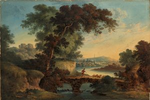 Táj kastéllyal és híddal, 1808-20 körül (Guache és akvarell) alkotó: John Oldfield