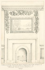 Faragott kandalló a hátsó szobában a földszinten, kilátással a kertre, Fairfax House, High Street, Putney, 1887 alkotó: John Phillipp Emslie