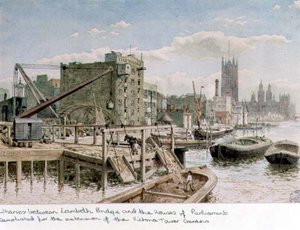 Folyóparti kilátás a Wharves-ra, a Lambeth-híd és a Parlament között alkotó: John Phillipp Emslie