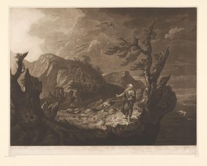 Viharos táj bárddal egy szikla szélén alkotó: John Raphael Smith