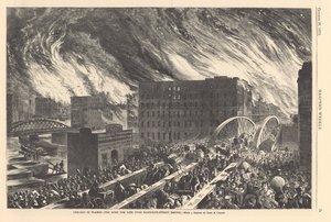 Chicago lángokban – az élet rohanása a Randolph Street Bridge felett, illusztráció a Harpers Weeklyből, 1871 alkotó: John Reuben after Chapin