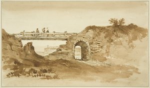 Ideiglenes híd a Koronázási úton az Új börtönnel szemben, 1821 körül (ceruza és szépia mosás papíron)