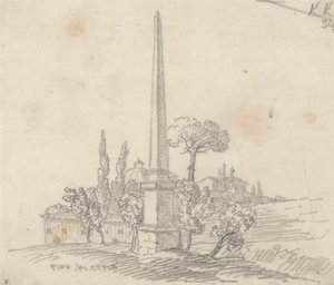 Egy obeliszk tetőkkel és fákkal a távolban alkotó: John Robert Cozens