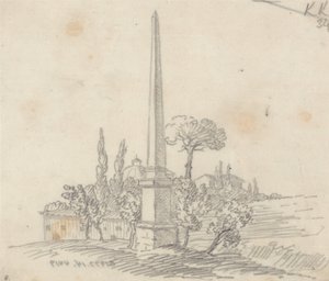 Obeliszk, háztetők és fák a távolban alkotó: John Robert Cozens