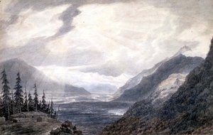 PD.6-1965 Pays de Valais, a Genfi-tó közelében, 1776 körül (indiai tinta, ceruza és mosás papíron) alkotó: John Robert Cozens