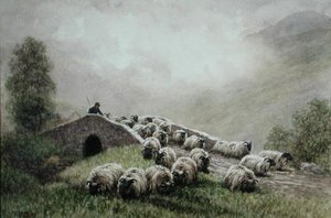 Felvidéki híd pásztorral és nyájjal (akvarell papíron) alkotó: John Robert Keitley Duff