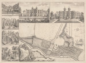 Henry Pelham, Esqr. Kertek terve és épületeinek képe. Echában, Surrey Ye megyében alkotó: John Rocque