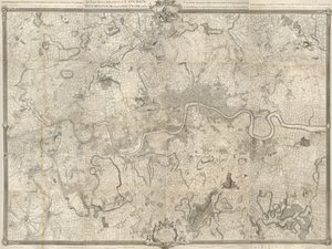 Egy 18. századi londoni térkép. A londoni város, Westminster ye Southwark városrész és a közel tíz mérföldes ország pontos felmérése 1741-ben kezdődött és 1745-ben ért véget / John Rocque földmérő és (metszett) Richard Parr. alkotó: John Rocque