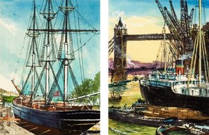 Egy nagyhajó a Temze alsó szakaszán és egy gőzzel hajtott teherhajó a Tower Bridge közelében (gouache, papír)