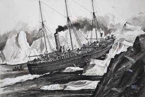 A Roosevelt a jégen keresztül tör át, hogy eljusson az Északi-sarkra (gouache, papír)