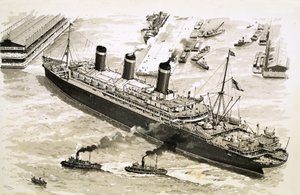A Leviathan gőzhajót vontatóhajók a New York-i kikötő egyik mólója felé terelik. alkotó: John S. Smith