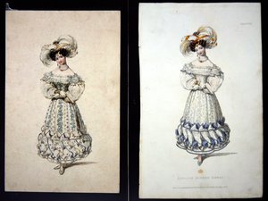 Vázlat és nyomat egy divatlemezről, 1829 körül (ceruza és akvarell papíron és kézzel színezett metszet)