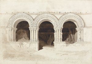 Ívek a St. Georges de Boscherville-i kolostor nyugati oldalán, Rouen közelében, Normandiában, 1818 körül (grafit, barna mosás és toll és tinta papíron a kártyán) (lásd: 172543) alkotó: John Sell Cotman