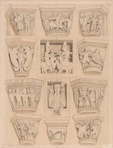 Fővárosok és A & B domborművek a Saint Georges de Bocherville-i apátsági templomban, Rouen közelében, Normandiában alkotó: John Sell Cotman