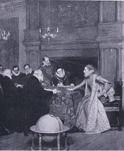 "A spanyol király haditengerészete külföldön van", a Waverley Book Company által kiadott Cassells History of the British People-ből, az 1950-es évek körül (litho) alkotó: John Seymour Lucas
