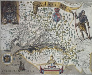 Virginia térképe: Betét (bal felső sarokban), amely Powhatan indián törzsfőnök kunyhójának belsejét mutatja, készítette: John Smith (1580-1631)