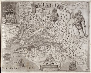 Virginia térképe, amelyet John Smith kapitány fedezett fel és leírt, 1606, William Hole metszet (fl. 1607-24), megjelent 1612-ben (lásd még: 174212)