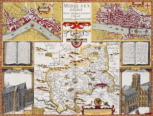 A középneműek London és Westminster leghíresebb városaival írták le, Speed „Theatre of the Empire of the Great Britain”, 1611-12 (kézzel színezett rézmetszet)