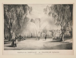 Kilátás a szökőkútra a Franklin téren, Philadelphiában