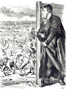 William Vernon Harcourt (1827-1904) rajzfilm, aki amikor a belügyminiszter a nyírfa bevezetését javasolta a fiatalkorú elkövetők fogva tartása helyett. Illusztrálta: John Tenniel (1820-1914) angol illusztrátor, grafikus humorista, alkotó: John Tenniel
