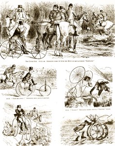 Egy rajzfilm, amely egy háromkerekűn vadászó férfit ábrázol. Illusztrálta: John Tenniel (1820-1914) angol illusztrátor, grafikus humorista és politikai karikaturista alkotó: John Tenniel