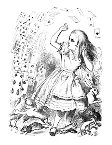 Egy csomag kártya felrepül Alice fölött, 1889 alkotó: John Tenniel
