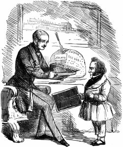 Albert, Viktória királynő herceg hitvese átadja Joseph Paxtonnak, a Crystal Palace tervezőjének egy 20 000 GBP értékű „Szilárd puding” szeletet az 1851-es londoni Hyde Parkban megrendezett Nagy Kiállítás többletforrásaiból. John Tenniel rajzfilm a Punchból alkotó: John Tenniel