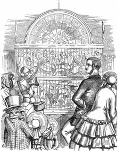 Albert, Viktória királynő hitvese, bemutatja a Kristálypalotát és a Nagy Kiállítást a londoni Hyde Parkban. John Tenniel rajzfilm a Punch Londonból 1851. Fametszet alkotó: John Tenniel