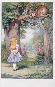 Lewis Carroll (1832-98), Alice és a Cheshire Cat, Alice kalandjai csodaországban és a szemüvegen keresztül, és mit talált Alice, 1911-ben megjelent (színes litográfia) alkotó: John Tenniel