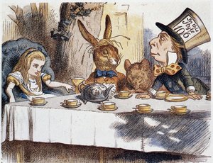 Alice elveszi a „” a bolondokban”” - Lewis Carroll „Alice kalandjai Csodaországban és a nézőüvegen keresztül” című filmjében, John Tenniel (1820-1914) illusztrációja alkotó: John Tenniel