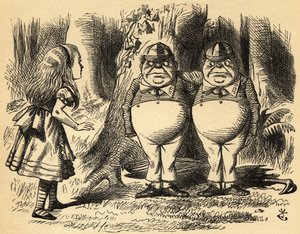 Alice Tweedledummal és Tweedledee-vel. Illusztráció: Sir John Tenniel alkotó: John Tenniel