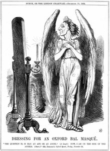Benjamin Disraeli (1804-81) brit konzervatív államférfi. "Most az angyalok oldalán állok." John Tenniel rajzfilm a londoni Punchból alkotó: John Tenniel