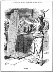 Britannia visszatartja a kolerát a brit kikötőkben. Az 1892-es járványban körülbelül 260 000 halt meg Oroszországban és 7 600 Hamburgban. Nagy-Britanniában sikerült megakadályozni a járványt. John Tenniel rajzfilm a Punch Londonból 1892. szeptember 10-én. alkotó: John Tenniel