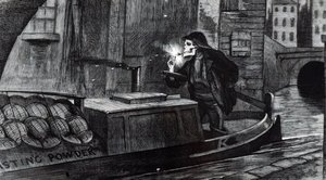 John Tenniel kampánykarikatúrája azt javasolja, hogy a Parlament vezesse be a robbanóanyagok kezelésének és szállításának biztonsági szabályait, miután egy puskaport szállító bárka megsemmisült a londoni Regent
