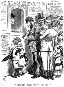 Rajzfilm, amely a túlzsúfolt kirándulóvonatok baleseteinek gyakoriságát kommentálja alkotó: John Tenniel