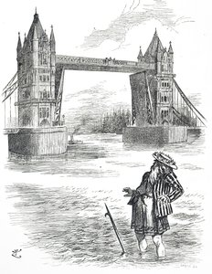 Rajzfilm, amely Temze atyát ábrázolja, amint a londoni Tower Bridge-t csodálja alkotó: John Tenniel