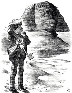 Benjamin Disraeli miniszterelnököt ábrázoló karikatúra, amint a Szuezi-csatornát tartja a britek birtokának és befolyásának kulcsa Indiában alkotó: John Tenniel