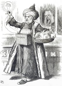 William Ewart Gladstone-t Aladdinként ábrázoló rajzfilm alkotó: John Tenniel