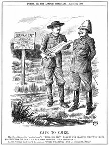 Cecil John Rhodes (1852-1902) angol származású dél-afrikai államférfi, aki engedélyt kér a német császártól, hogy távíróvonalat vezessenek át a német Kelet-Afrikán. Cape To Cairo, John Tenniel rajzfilmje a Punch-ból, London, 1899. március 22. Metszet alkotó: John Tenniel