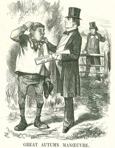 Nagy őszi manőver: Gladstone úgy gondolta, hogy végül a mezőgazdasági munkásokra kell szavazni (Hodge). Ebben az időben a miniszterelnöksége ingatag volt, és Disraeli arra vár, hogy átvegye a helyét. John Tenniel rajzfilm a londoni Punchból, 1873. augusztu alkotó: John Tenniel