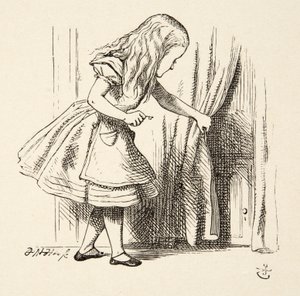 A függöny mögé néz, Lewis Carroll (1832-98) Alice Adventures in Wonderland című filmjéből, pub. 1891 alkotó: John Tenniel