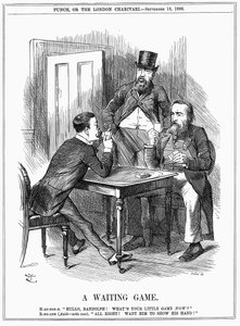 Lord Randolph Churchill (balra) arra próbálja rávenni Charles Stewart Parnell ír politikust, hogy mutassa meg a kezét, és tudassa Churchill-lel és Hartingtonnal, hogyan fogja felhasználni a Parnellite szavazatait, amelyeket ő irányít az alsóházban. John Te alkotó: John Tenniel